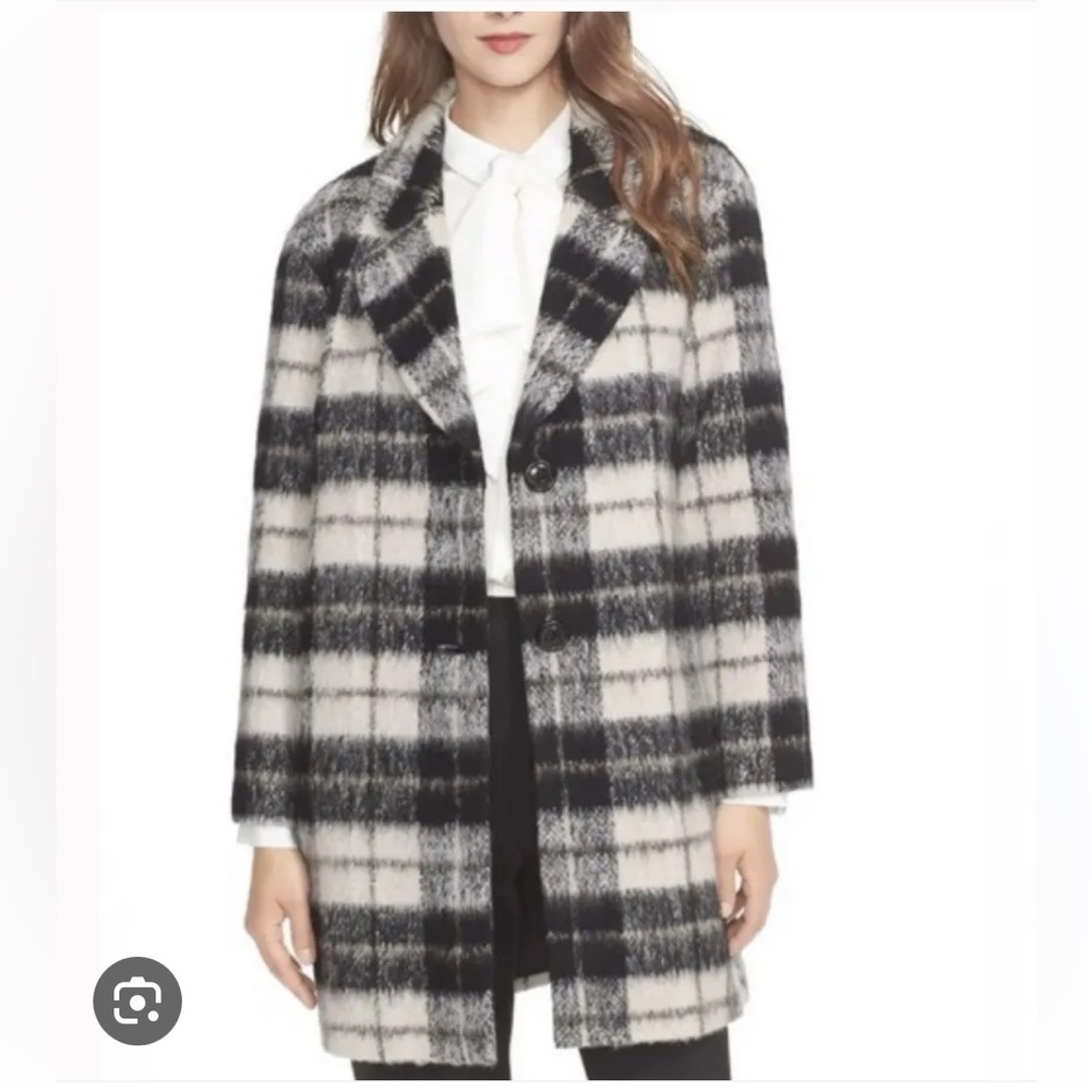 Kate Spade Woodland Check Plaid Coat Wool Mohair Pea Coat sz 0